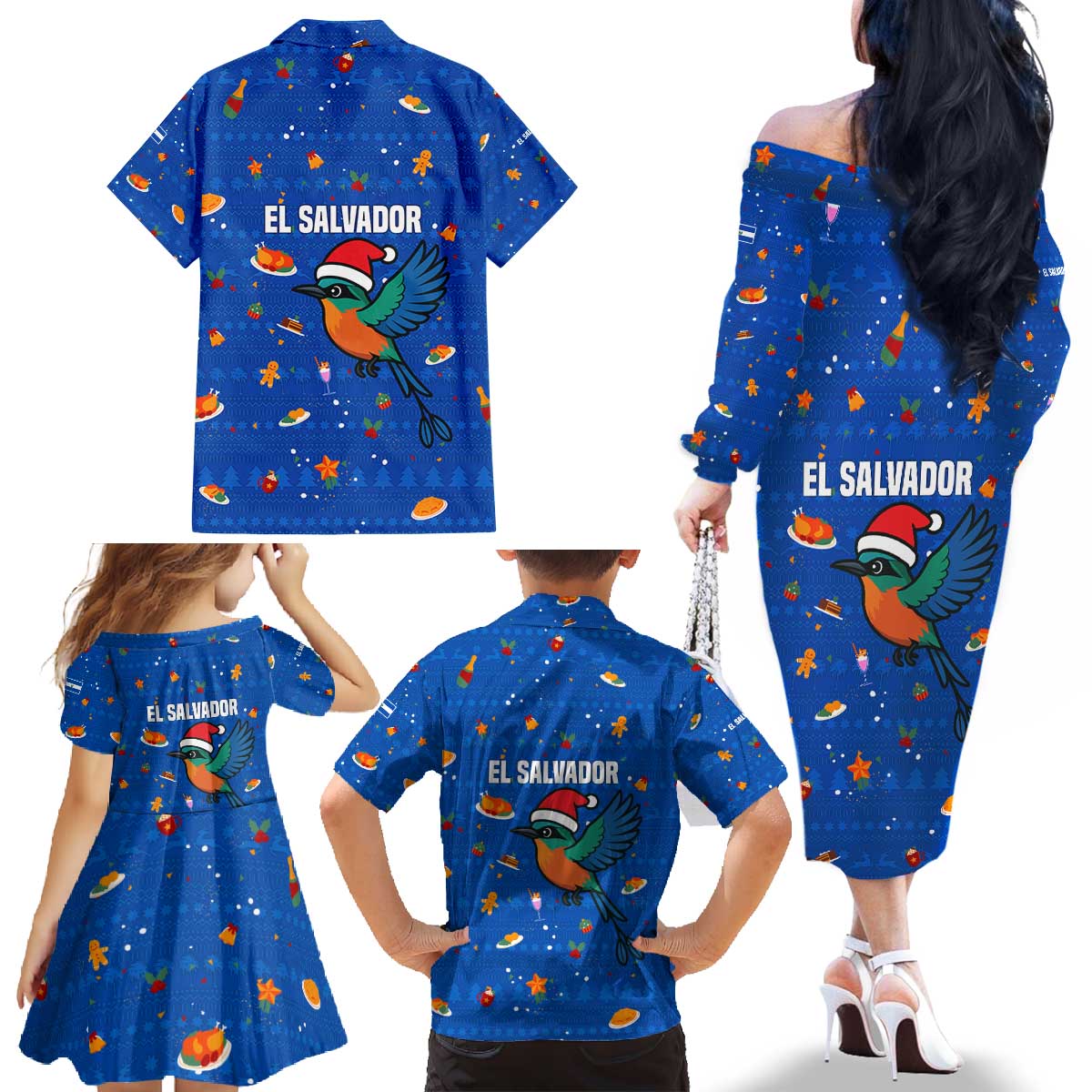 El Salvador Christmas Family Matching Off The Shoulder Long Sleeve Dress and Hawaiian Shirt with Santa Hat Motmot Bird Traditional Foods and Blue Festive Pattern Design - Wonder Print Shop