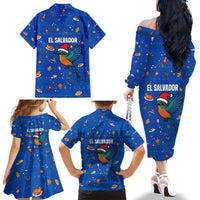 El Salvador Christmas Family Matching Off The Shoulder Long Sleeve Dress and Hawaiian Shirt with Santa Hat Motmot Bird Traditional Foods and Blue Festive Pattern Design - Wonder Print Shop