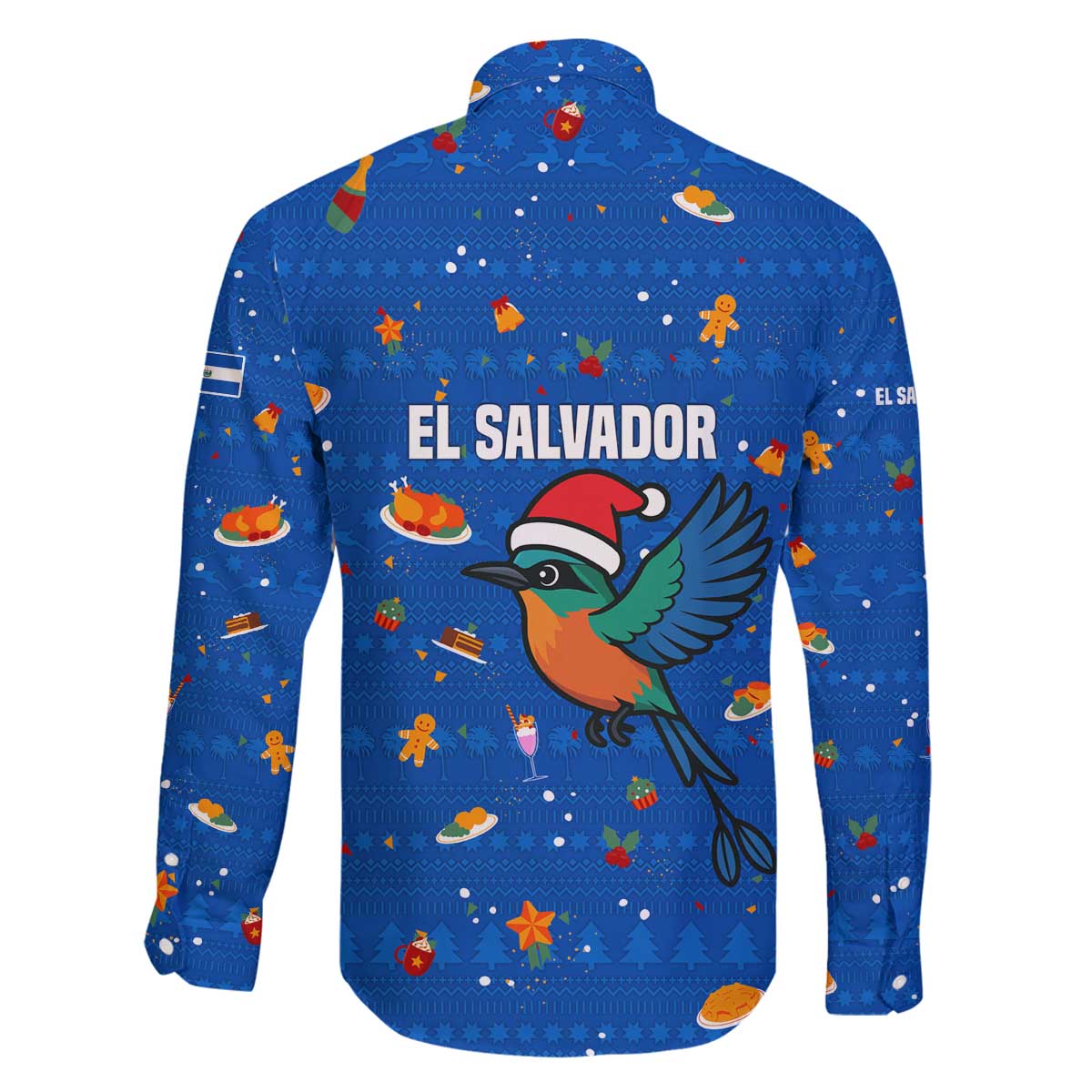 El Salvador Christmas Family Matching Off The Shoulder Long Sleeve Dress and Hawaiian Shirt with Santa Hat Motmot Bird Traditional Foods and Blue Festive Pattern Design - Wonder Print Shop
