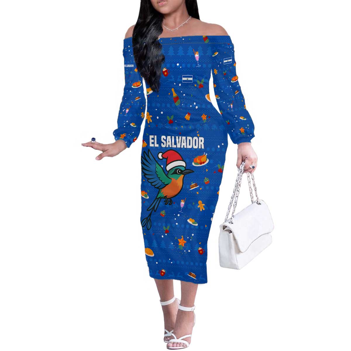 El Salvador Christmas Family Matching Off The Shoulder Long Sleeve Dress and Hawaiian Shirt with Santa Hat Motmot Bird Traditional Foods and Blue Festive Pattern Design - Wonder Print Shop