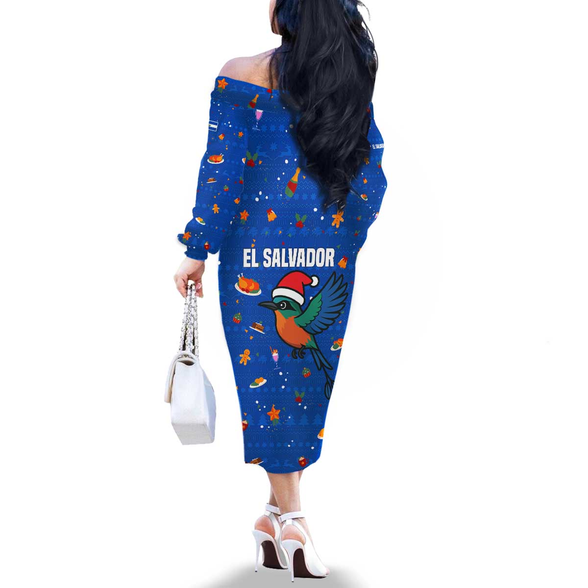 El Salvador Christmas Family Matching Off The Shoulder Long Sleeve Dress and Hawaiian Shirt with Santa Hat Motmot Bird Traditional Foods and Blue Festive Pattern Design - Wonder Print Shop