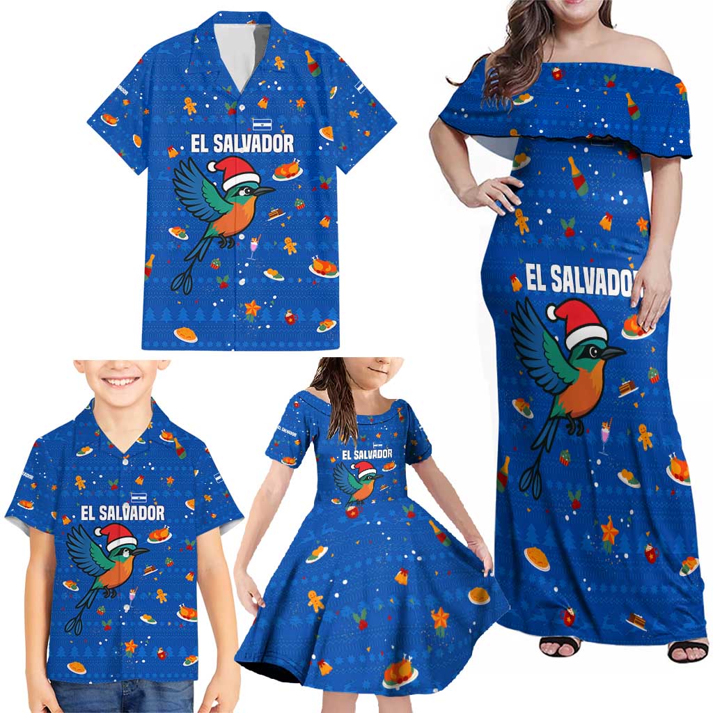 El Salvador Christmas Family Matching Off Shoulder Maxi Dress and Hawaiian Shirt with Santa Hat Motmot Bird Traditional Foods and Blue Festive Pattern Design - Wonder Print Shop