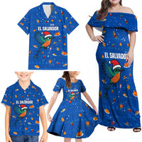 El Salvador Christmas Family Matching Off Shoulder Maxi Dress and Hawaiian Shirt with Santa Hat Motmot Bird Traditional Foods and Blue Festive Pattern Design - Wonder Print Shop