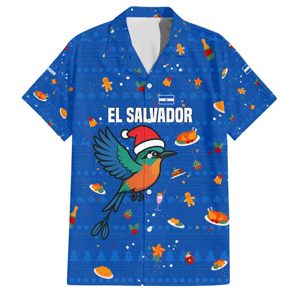 El Salvador Christmas Family Matching Off Shoulder Maxi Dress and Hawaiian Shirt with Santa Hat Motmot Bird Traditional Foods and Blue Festive Pattern Design - Wonder Print Shop