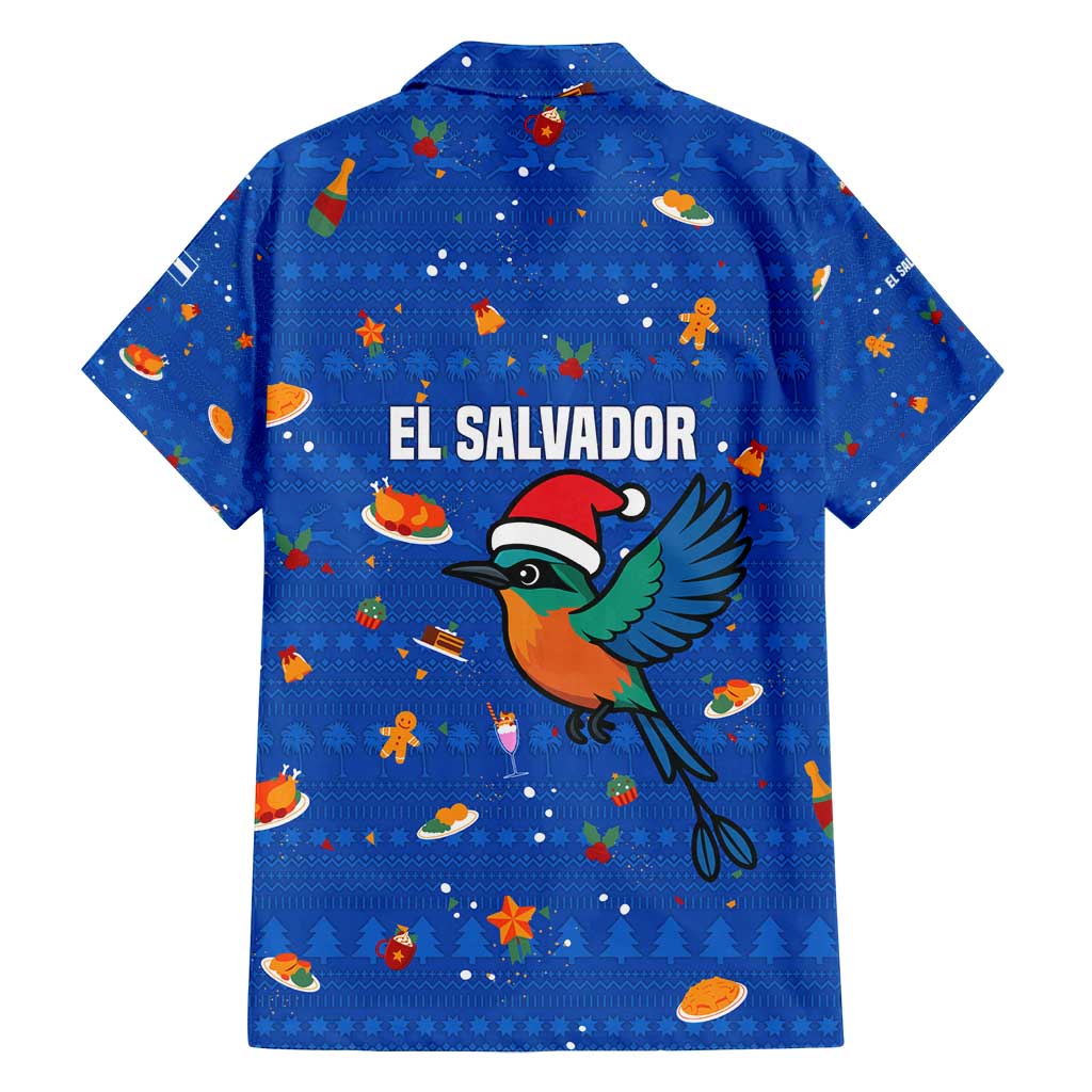 El Salvador Christmas Family Matching Off Shoulder Maxi Dress and Hawaiian Shirt with Santa Hat Motmot Bird Traditional Foods and Blue Festive Pattern Design - Wonder Print Shop