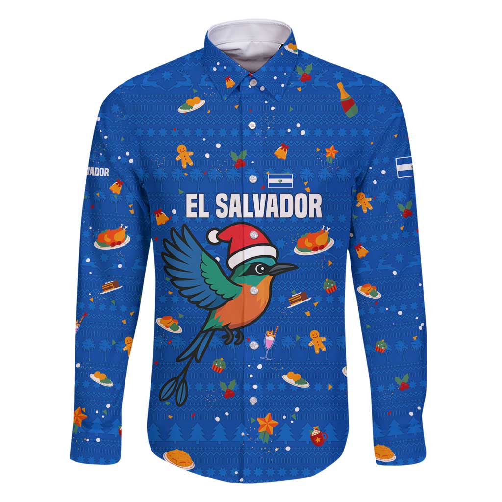 El Salvador Christmas Family Matching Off Shoulder Maxi Dress and Hawaiian Shirt with Santa Hat Motmot Bird Traditional Foods and Blue Festive Pattern Design - Wonder Print Shop
