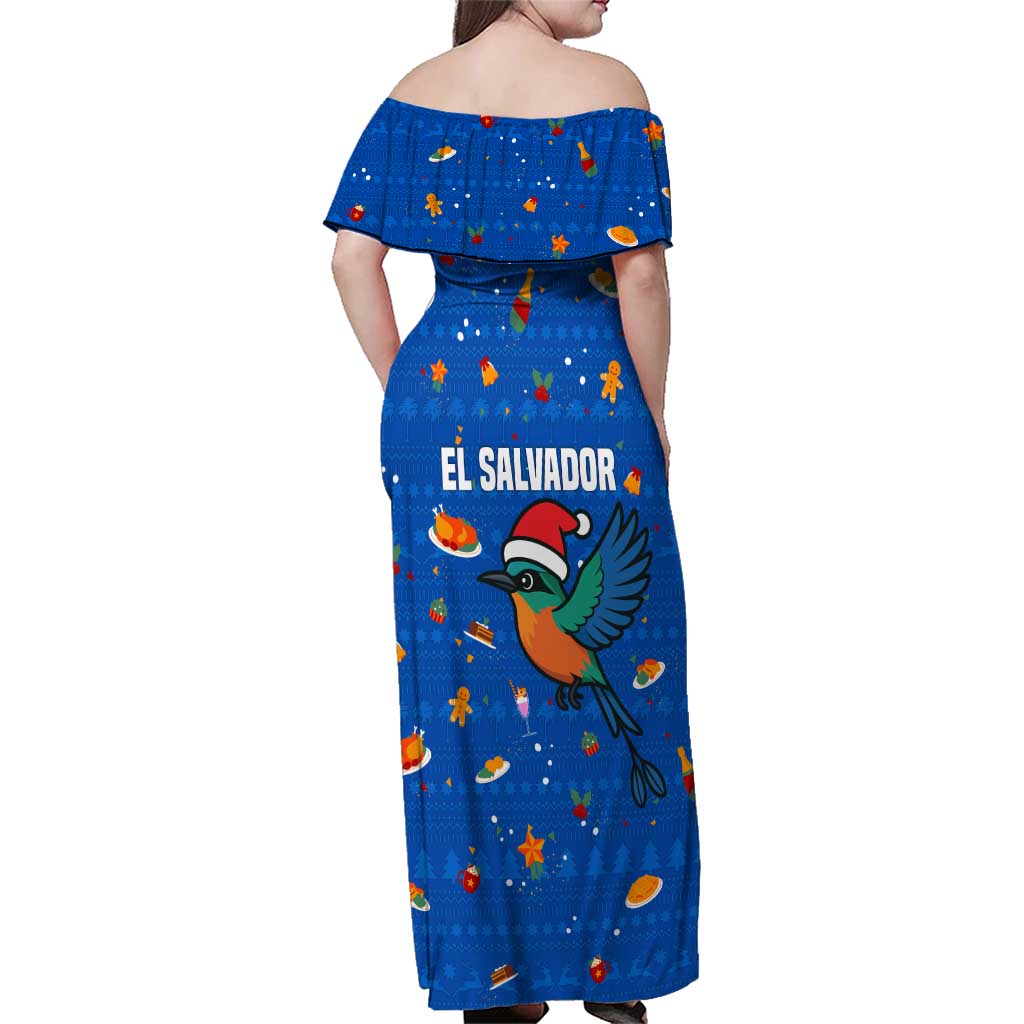 El Salvador Christmas Family Matching Off Shoulder Maxi Dress and Hawaiian Shirt with Santa Hat Motmot Bird Traditional Foods and Blue Festive Pattern Design - Wonder Print Shop