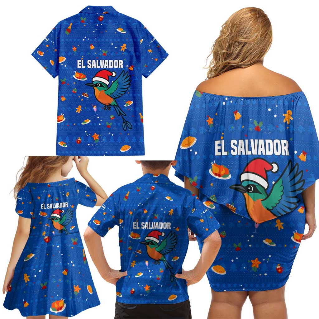 El Salvador Christmas Family Matching Off Shoulder Short Dress and Hawaiian Shirt with Santa Hat Motmot Bird Traditional Foods and Blue Festive Pattern Design - Wonder Print Shop