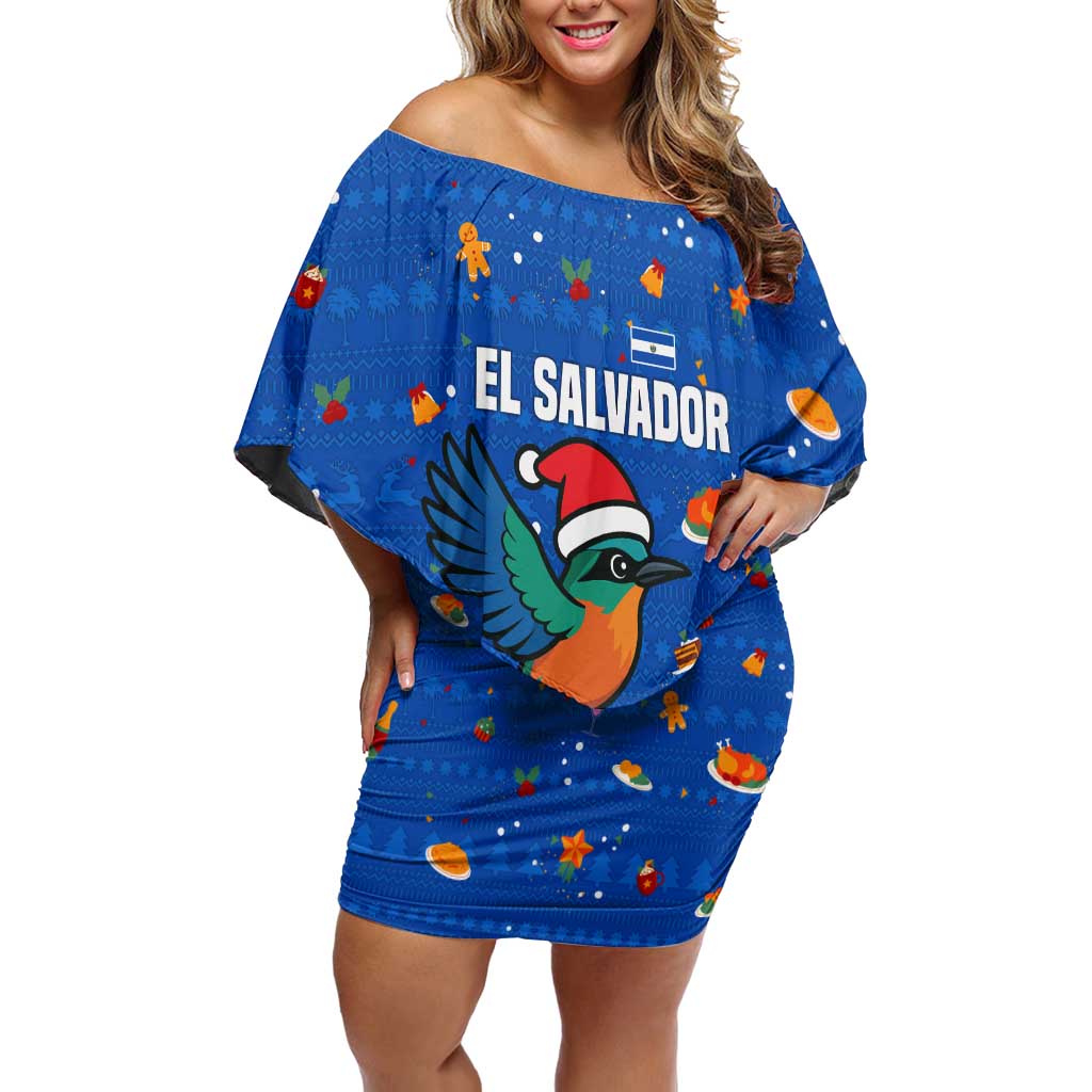 El Salvador Christmas Family Matching Off Shoulder Short Dress and Hawaiian Shirt with Santa Hat Motmot Bird Traditional Foods and Blue Festive Pattern Design - Wonder Print Shop