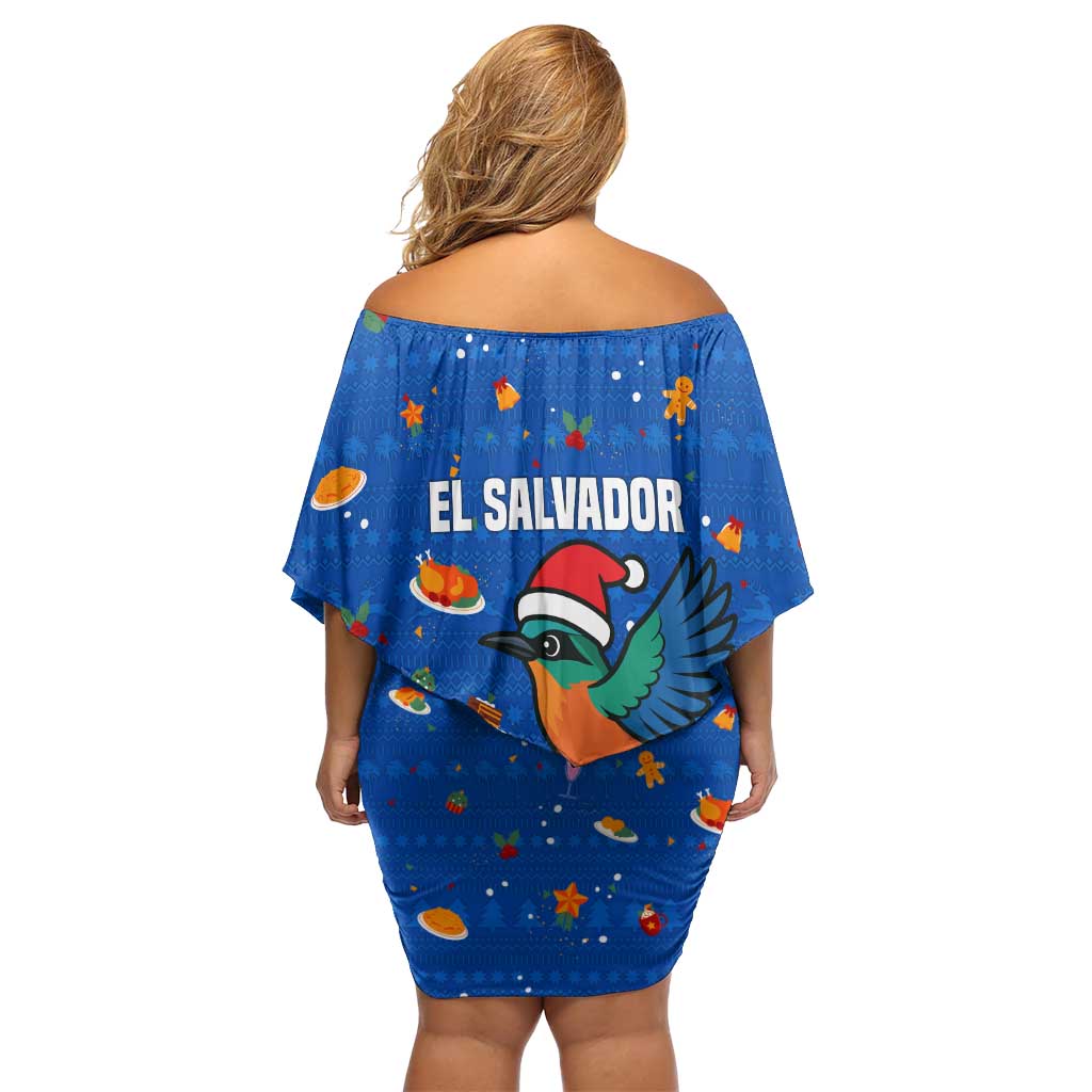 El Salvador Christmas Family Matching Off Shoulder Short Dress and Hawaiian Shirt with Santa Hat Motmot Bird Traditional Foods and Blue Festive Pattern Design - Wonder Print Shop