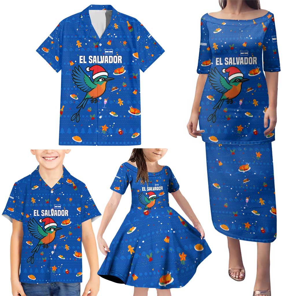 El Salvador Christmas Family Matching Puletasi and Hawaiian Shirt with Santa Hat Motmot Bird Traditional Foods and Blue Festive Pattern Design - Wonder Print Shop