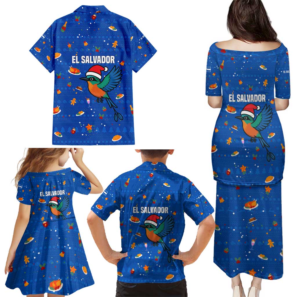 El Salvador Christmas Family Matching Puletasi and Hawaiian Shirt with Santa Hat Motmot Bird Traditional Foods and Blue Festive Pattern Design - Wonder Print Shop