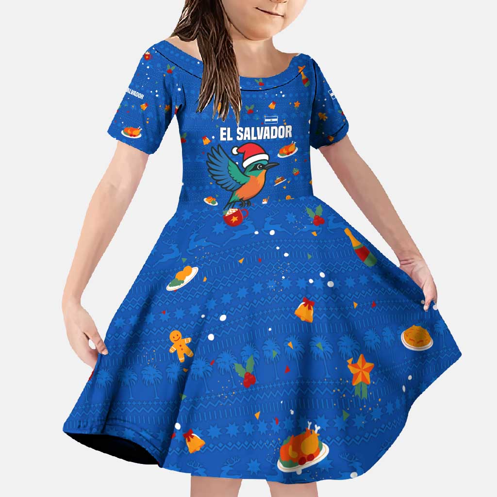 El Salvador Christmas Family Matching Short Sleeve Bodycon Dress and Hawaiian Shirt with Santa Hat Motmot Bird Traditional Foods and Blue Festive Pattern Design - Wonder Print Shop