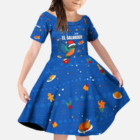 El Salvador Christmas Family Matching Short Sleeve Bodycon Dress and Hawaiian Shirt with Santa Hat Motmot Bird Traditional Foods and Blue Festive Pattern Design - Wonder Print Shop