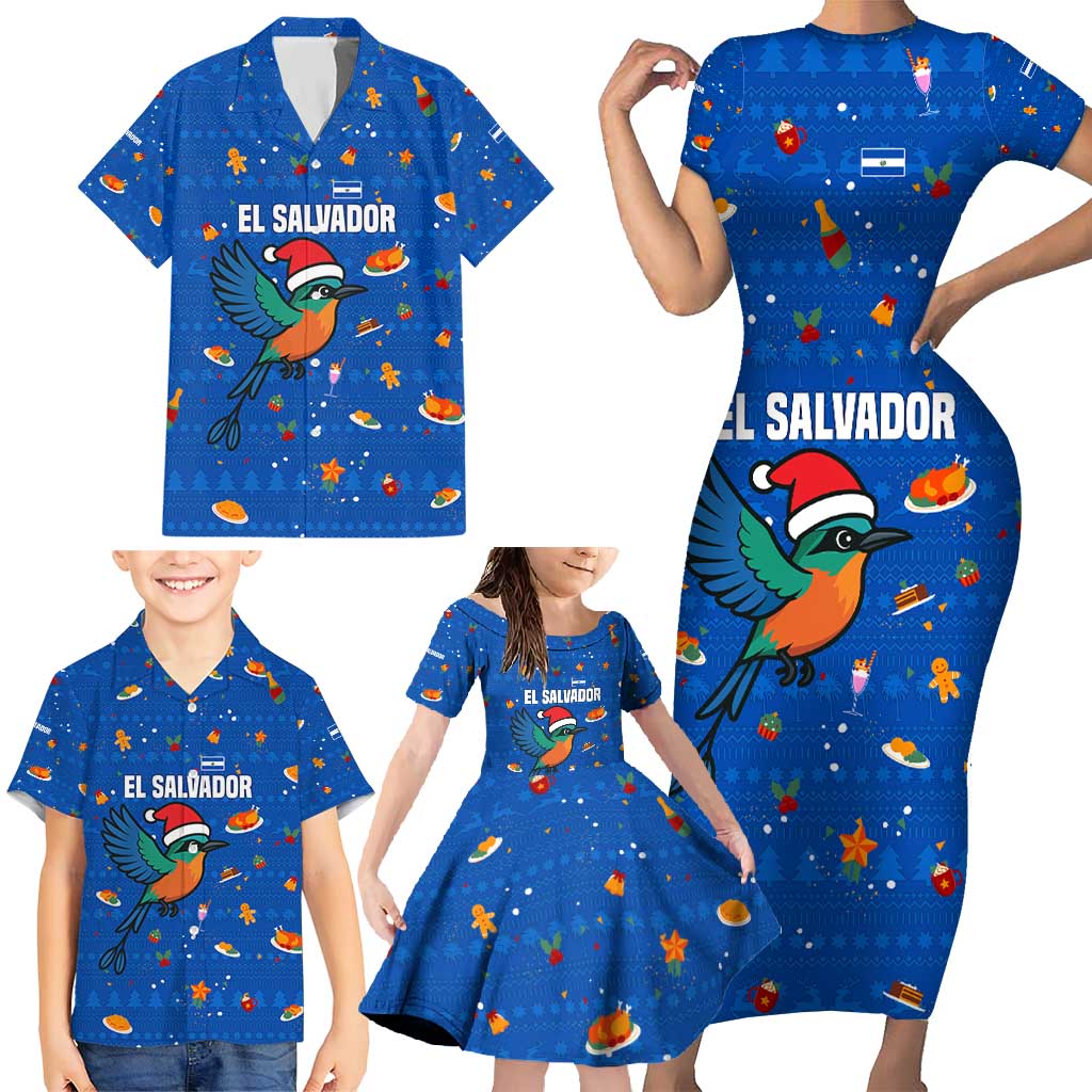 El Salvador Christmas Family Matching Short Sleeve Bodycon Dress and Hawaiian Shirt with Santa Hat Motmot Bird Traditional Foods and Blue Festive Pattern Design - Wonder Print Shop