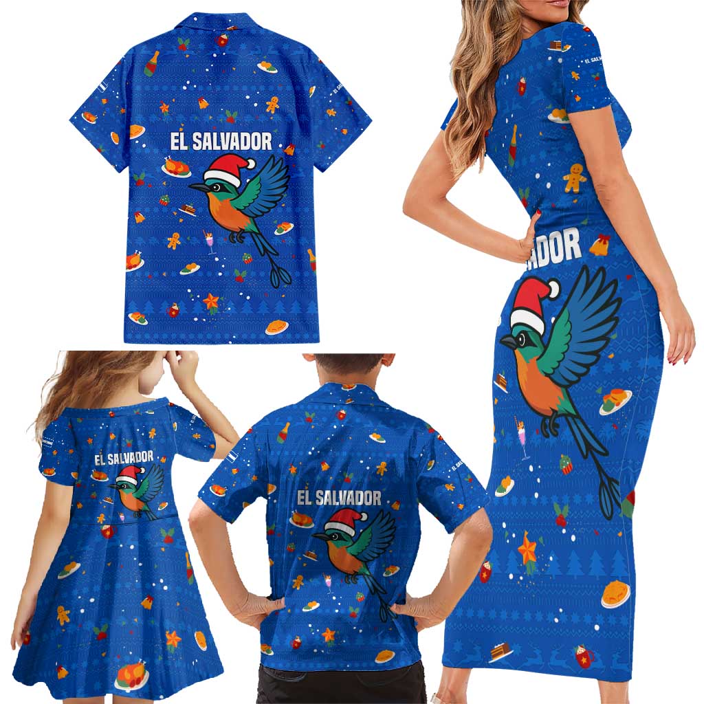 El Salvador Christmas Family Matching Short Sleeve Bodycon Dress and Hawaiian Shirt with Santa Hat Motmot Bird Traditional Foods and Blue Festive Pattern Design - Wonder Print Shop