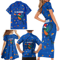El Salvador Christmas Family Matching Short Sleeve Bodycon Dress and Hawaiian Shirt with Santa Hat Motmot Bird Traditional Foods and Blue Festive Pattern Design - Wonder Print Shop