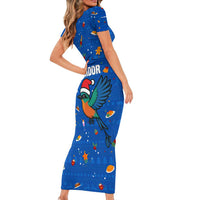 El Salvador Christmas Family Matching Short Sleeve Bodycon Dress and Hawaiian Shirt with Santa Hat Motmot Bird Traditional Foods and Blue Festive Pattern Design - Wonder Print Shop