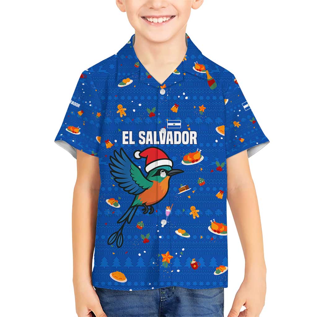 El Salvador Christmas Family Matching Short Sleeve Bodycon Dress and Hawaiian Shirt with Santa Hat Motmot Bird Traditional Foods and Blue Festive Pattern Design - Wonder Print Shop