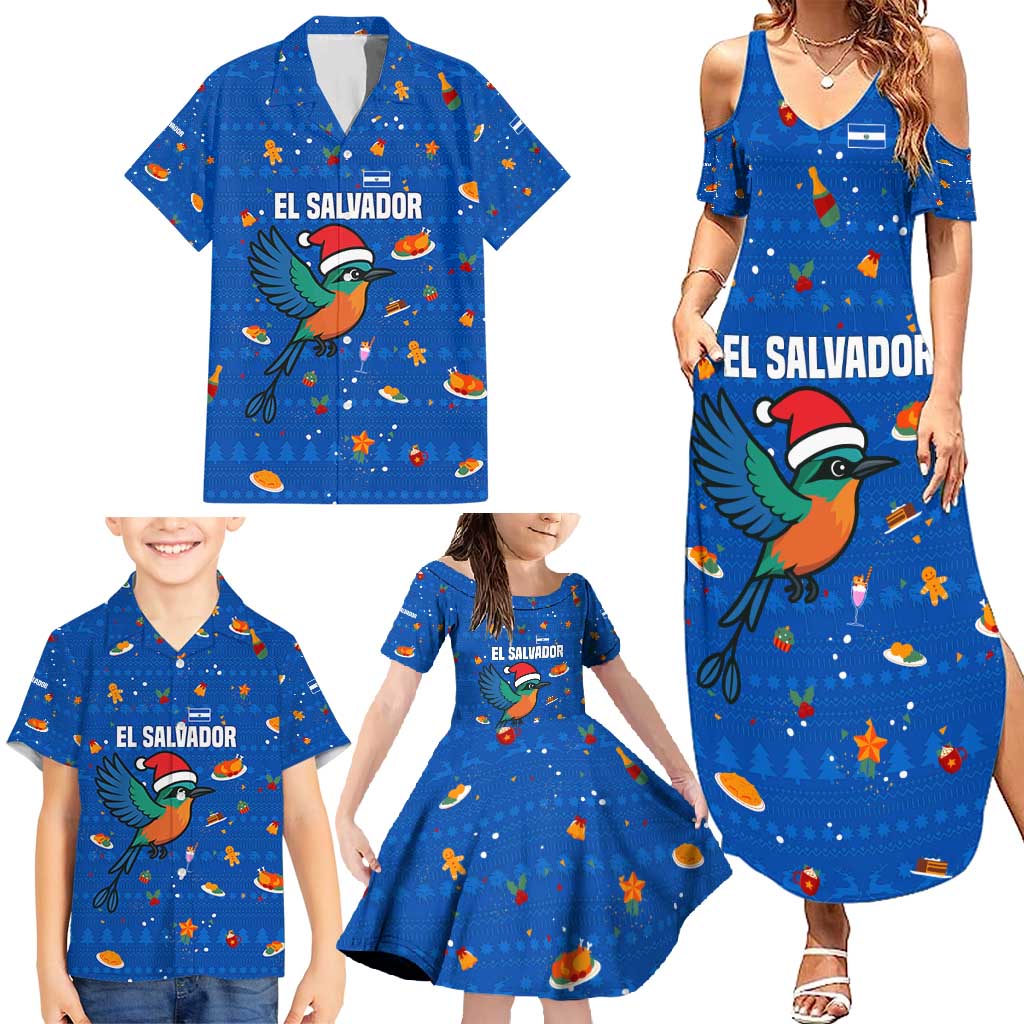 El Salvador Christmas Family Matching Summer Maxi Dress and Hawaiian Shirt with Santa Hat Motmot Bird Traditional Foods and Blue Festive Pattern Design - Wonder Print Shop