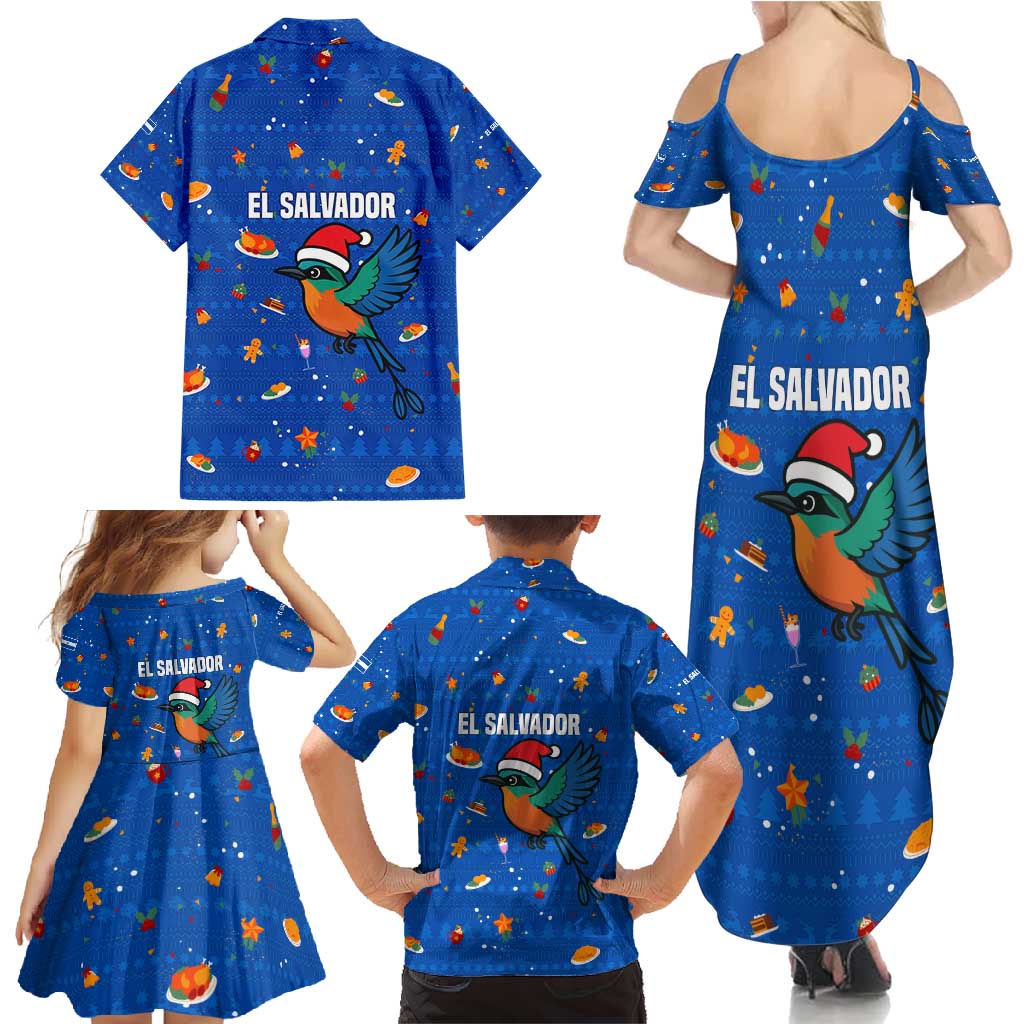 El Salvador Christmas Family Matching Summer Maxi Dress and Hawaiian Shirt with Santa Hat Motmot Bird Traditional Foods and Blue Festive Pattern Design - Wonder Print Shop