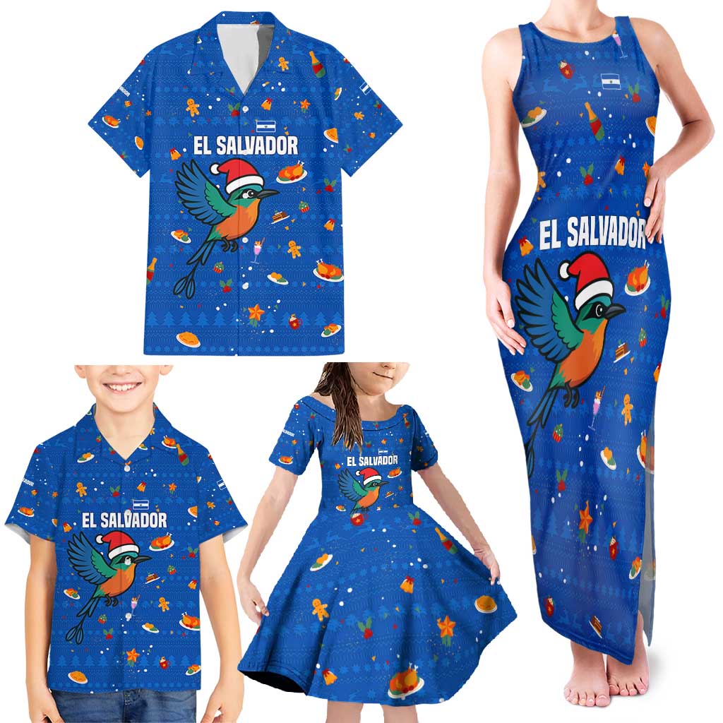 El Salvador Christmas Family Matching Tank Maxi Dress and Hawaiian Shirt with Santa Hat Motmot Bird Traditional Foods and Blue Festive Pattern Design - Wonder Print Shop