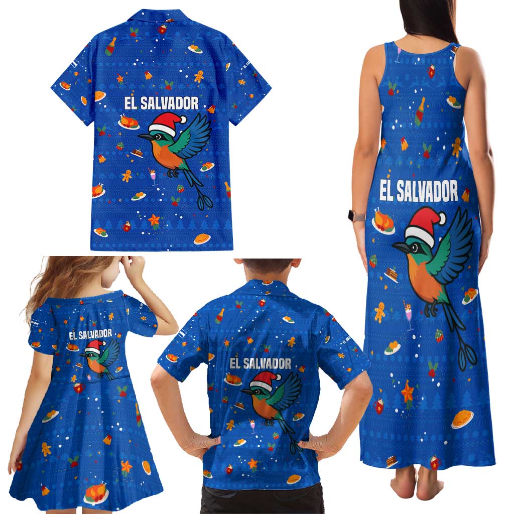 El Salvador Christmas Family Matching Tank Maxi Dress and Hawaiian Shirt with Santa Hat Motmot Bird Traditional Foods and Blue Festive Pattern Design - Wonder Print Shop