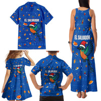 El Salvador Christmas Family Matching Tank Maxi Dress and Hawaiian Shirt with Santa Hat Motmot Bird Traditional Foods and Blue Festive Pattern Design - Wonder Print Shop