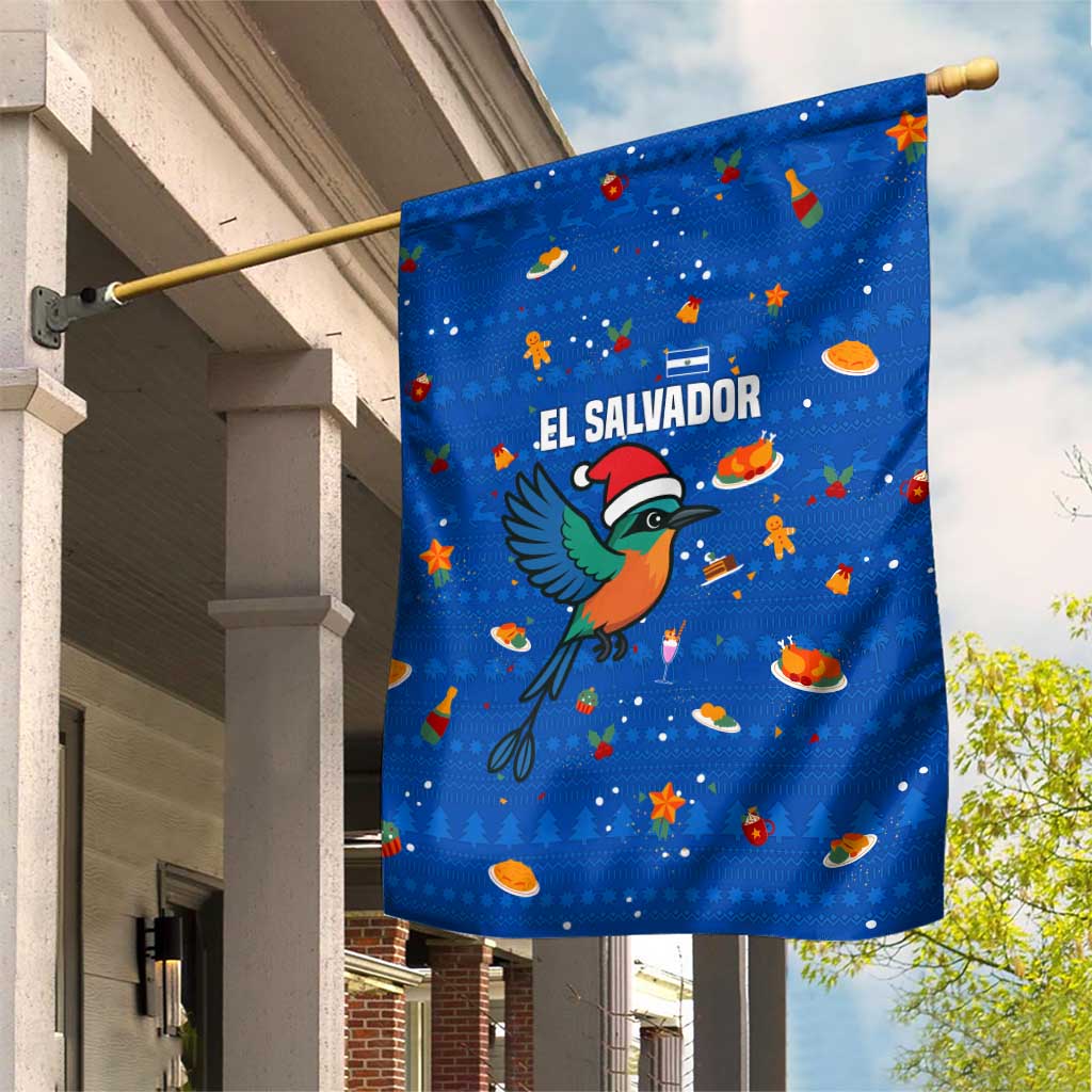 El Salvador Christmas Garden Flag with Santa Hat Motmot Bird Traditional Foods and Blue Festive Pattern Design - Wonder Print Shop