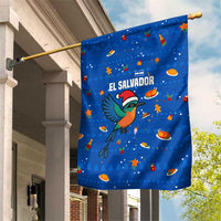 El Salvador Christmas Garden Flag with Santa Hat Motmot Bird Traditional Foods and Blue Festive Pattern Design - Wonder Print Shop
