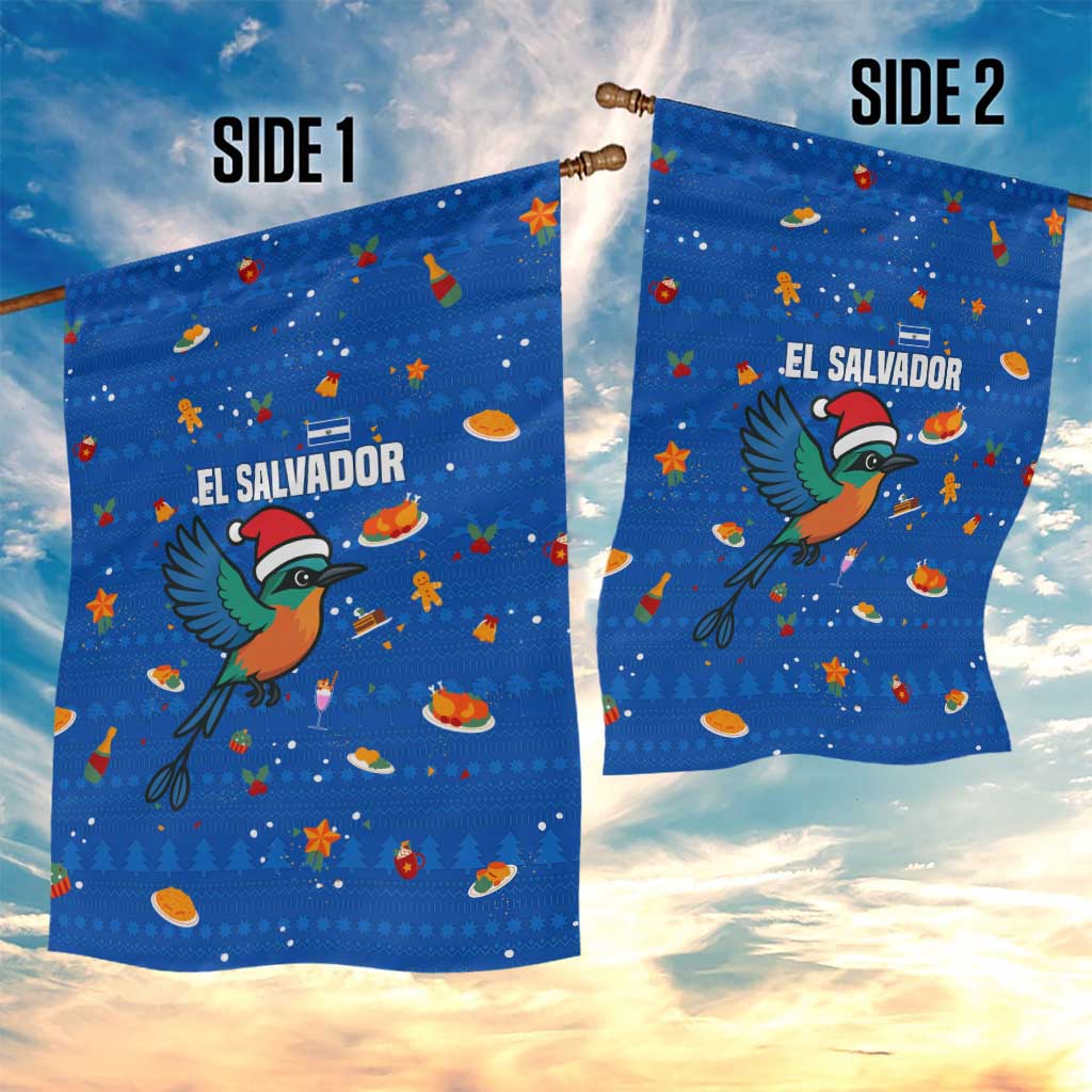 El Salvador Christmas Garden Flag with Santa Hat Motmot Bird Traditional Foods and Blue Festive Pattern Design - Wonder Print Shop