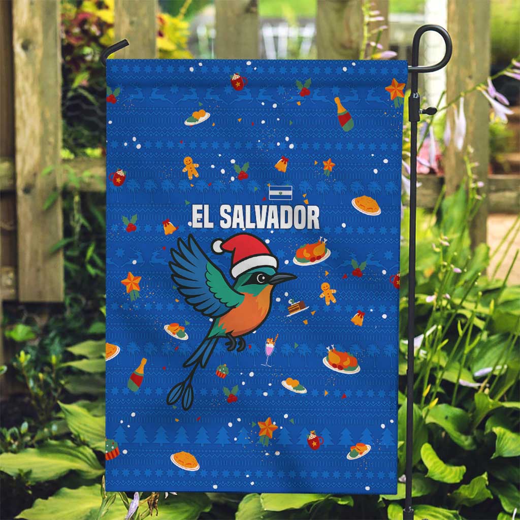 El Salvador Christmas Garden Flag with Santa Hat Motmot Bird Traditional Foods and Blue Festive Pattern Design - Wonder Print Shop
