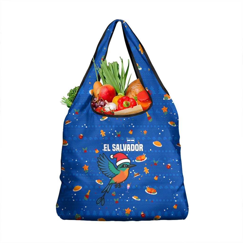 El Salvador Christmas Grocery Bag with Santa Hat Motmot Bird Traditional Foods and Blue Festive Pattern Design - Wonder Print Shop