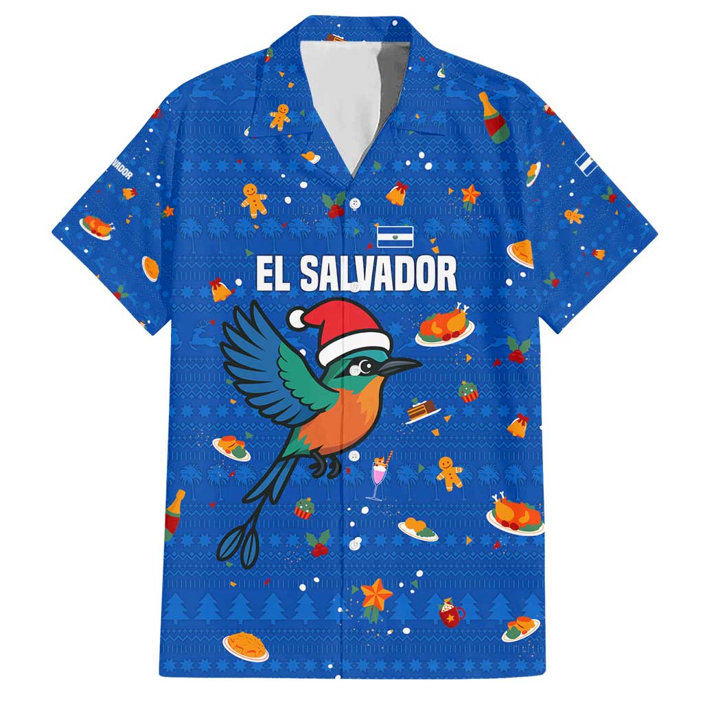 El Salvador Christmas Hawaiian Shirt with Santa Hat Motmot Bird Traditional Foods and Blue Festive Pattern Design - Wonder Print Shop