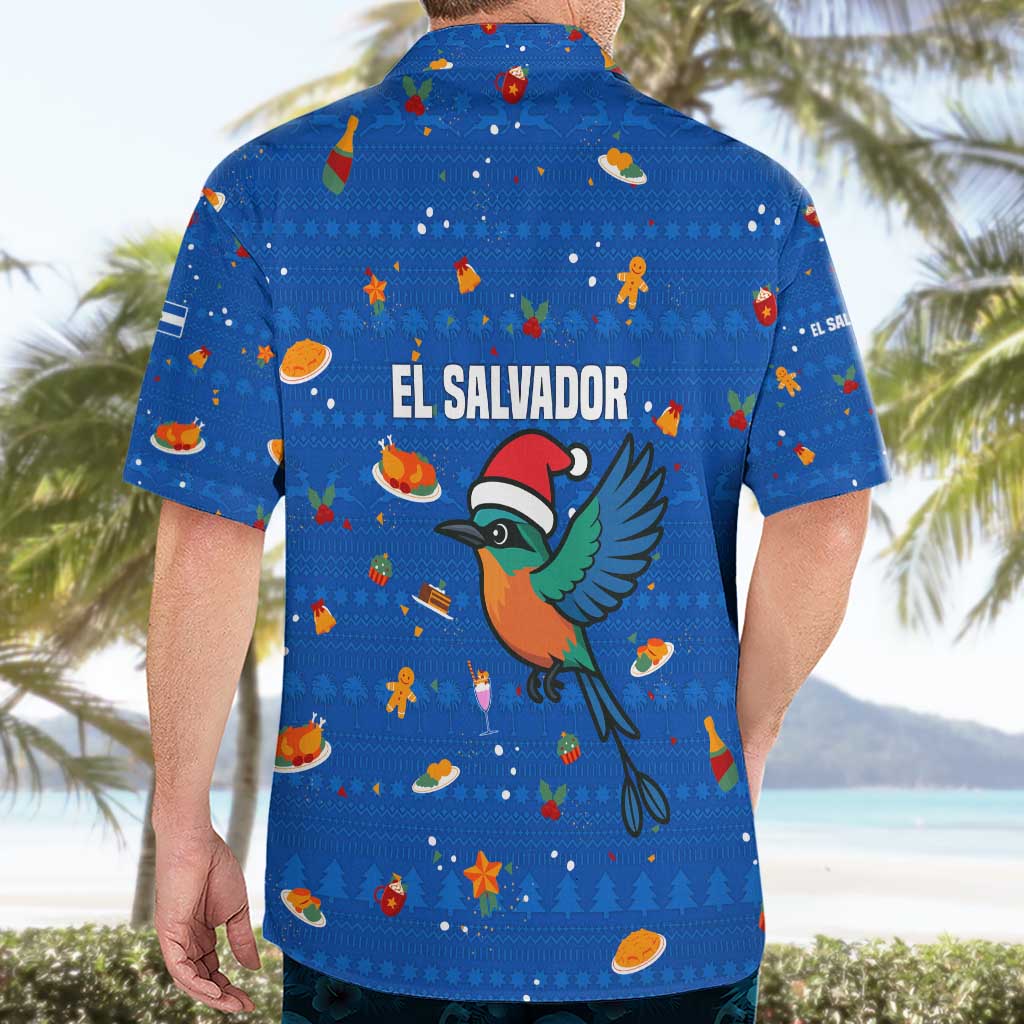 El Salvador Christmas Hawaiian Shirt with Santa Hat Motmot Bird Traditional Foods and Blue Festive Pattern Design - Wonder Print Shop