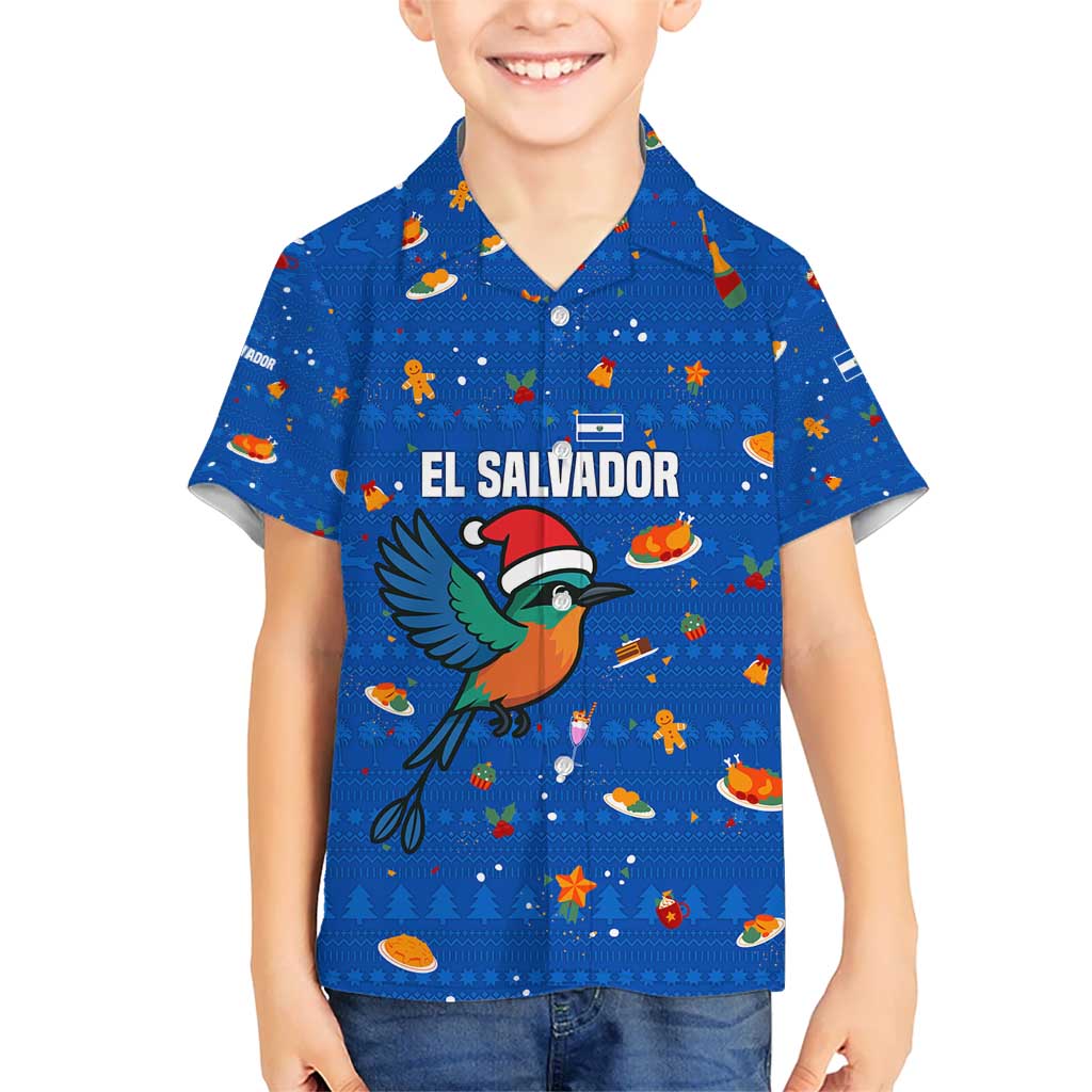 El Salvador Christmas Hawaiian Shirt with Santa Hat Motmot Bird Traditional Foods and Blue Festive Pattern Design - Wonder Print Shop