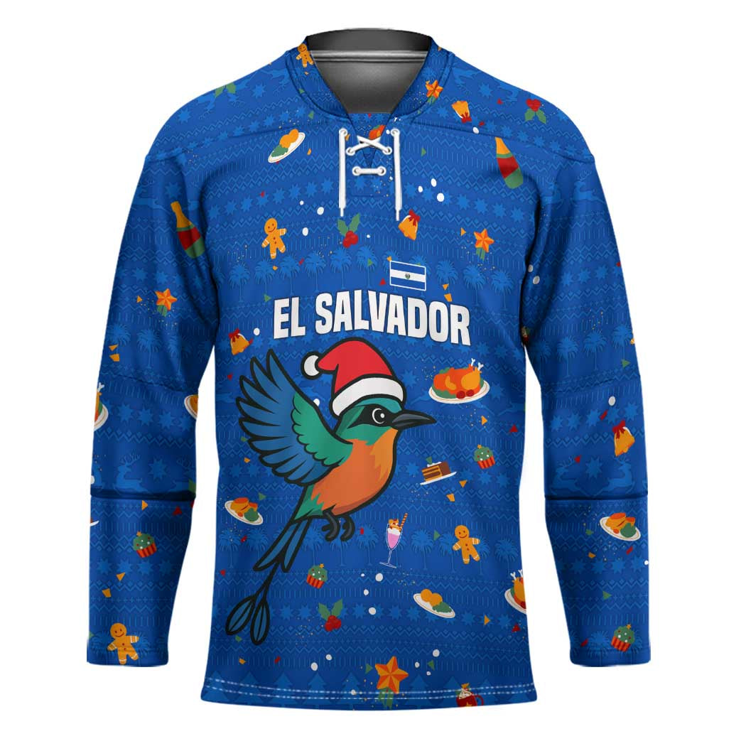El Salvador Christmas Hockey Jersey with Santa Hat Motmot Bird Traditional Foods and Blue Festive Pattern Design - Wonder Print Shop