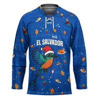 El Salvador Christmas Hockey Jersey with Santa Hat Motmot Bird Traditional Foods and Blue Festive Pattern Design - Wonder Print Shop