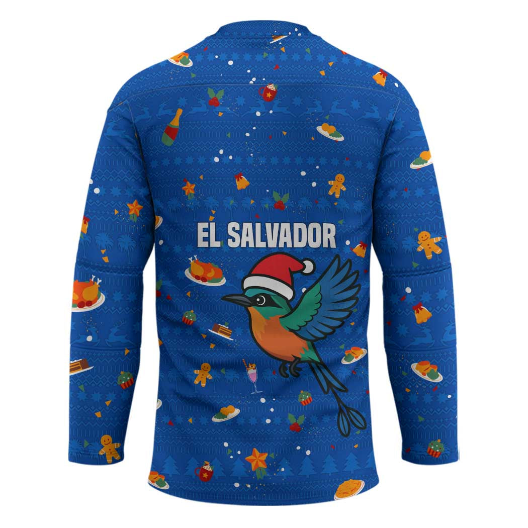 El Salvador Christmas Hockey Jersey with Santa Hat Motmot Bird Traditional Foods and Blue Festive Pattern Design - Wonder Print Shop