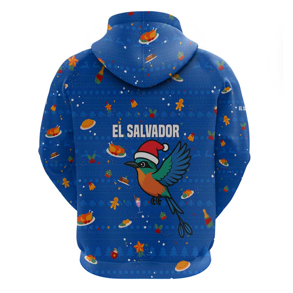 El Salvador Christmas Hoodie with Santa Hat Motmot Bird Traditional Foods and Blue Festive Pattern Design - Wonder Print Shop