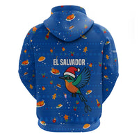 El Salvador Christmas Hoodie with Santa Hat Motmot Bird Traditional Foods and Blue Festive Pattern Design - Wonder Print Shop