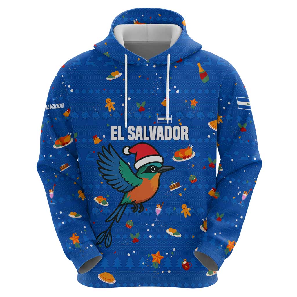 El Salvador Christmas Hoodie with Santa Hat Motmot Bird Traditional Foods and Blue Festive Pattern Design - Wonder Print Shop