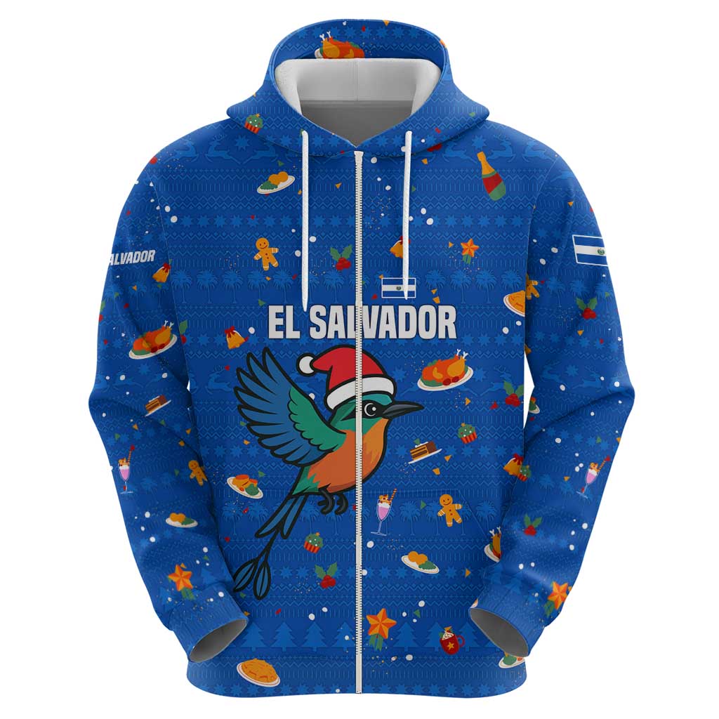 El Salvador Christmas Hoodie with Santa Hat Motmot Bird Traditional Foods and Blue Festive Pattern Design - Wonder Print Shop