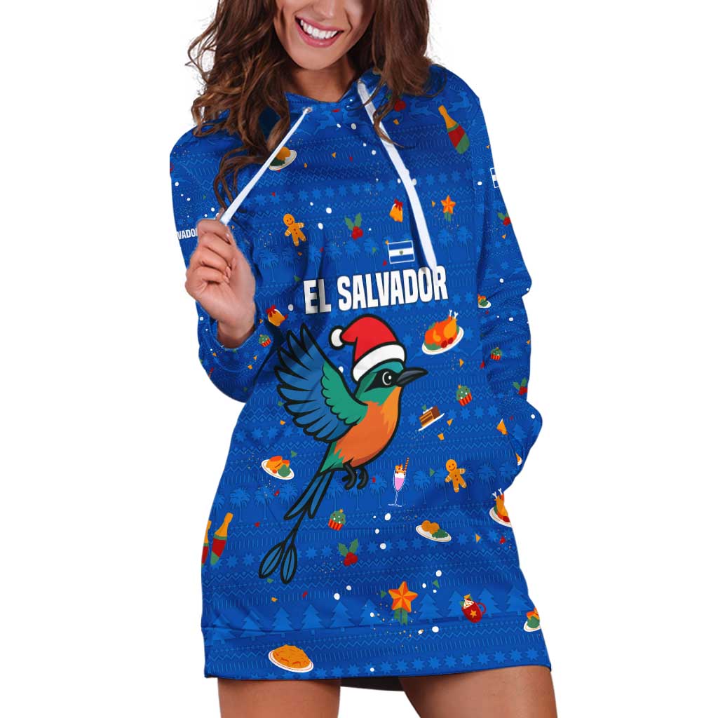 El Salvador Christmas Hoodie Dress with Santa Hat Motmot Bird Traditional Foods and Blue Festive Pattern Design - Wonder Print Shop