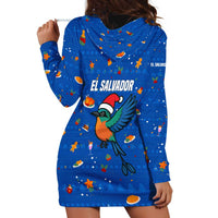El Salvador Christmas Hoodie Dress with Santa Hat Motmot Bird Traditional Foods and Blue Festive Pattern Design - Wonder Print Shop