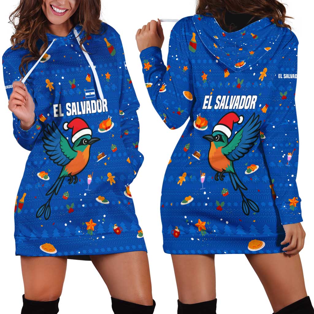 El Salvador Christmas Hoodie Dress with Santa Hat Motmot Bird Traditional Foods and Blue Festive Pattern Design - Wonder Print Shop