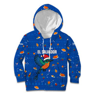 El Salvador Christmas Kid Hoodie with Santa Hat Motmot Bird Traditional Foods and Blue Festive Pattern Design - Wonder Print Shop