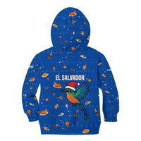 El Salvador Christmas Kid Hoodie with Santa Hat Motmot Bird Traditional Foods and Blue Festive Pattern Design - Wonder Print Shop
