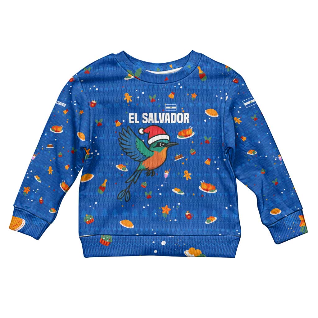 El Salvador Christmas Kid Ugly Christmas Sweater with Santa Hat Motmot Bird Traditional Foods and Blue Festive Pattern Design - Wonder Print Shop