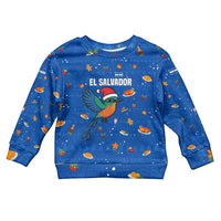 El Salvador Christmas Kid Ugly Christmas Sweater with Santa Hat Motmot Bird Traditional Foods and Blue Festive Pattern Design - Wonder Print Shop